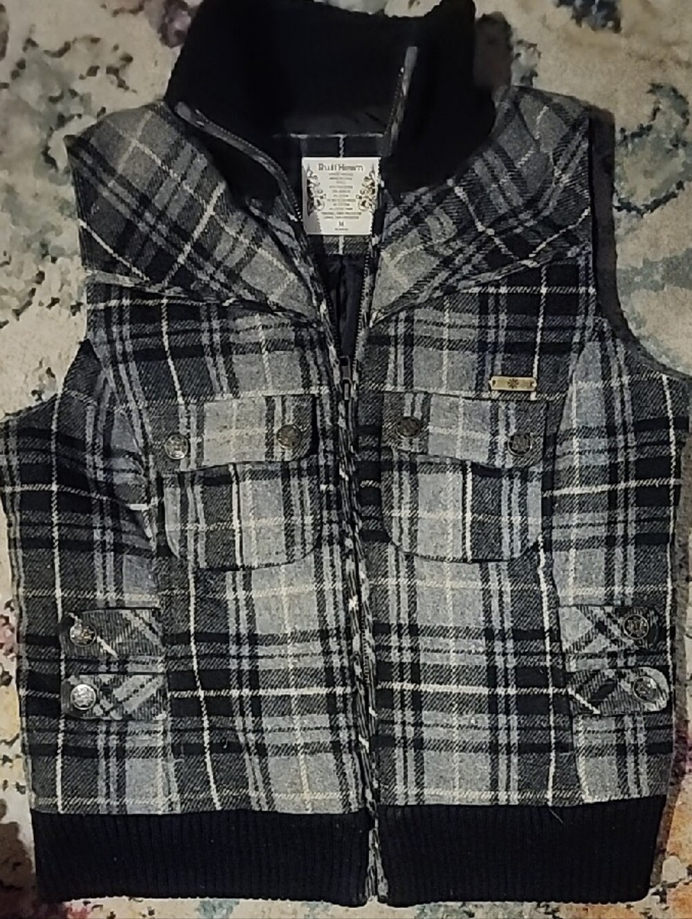 Ruff Hewn Well Worn Plaid Utility Vest Size M Wool Blend Gray Black Gorpcore Y2K